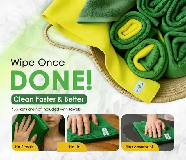 Alt view image 2 of 7 - Microfiber Cleaning Cloths 16"x16" - Ultra Absorbent Cleaning Rags for Housekeeping - Reusable Microfiber Towels in Yellow and Green - Detailing Supplies for Kitchen Car Windows 10 Pack