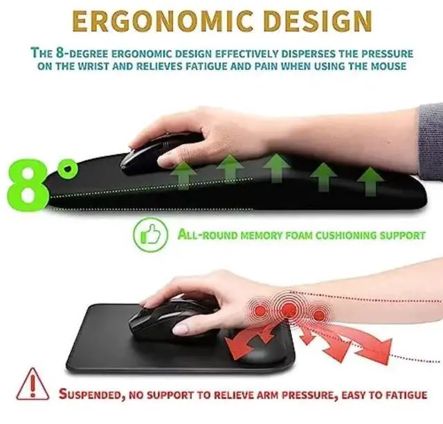 Alt view image 3 of 6 - Ergonomic Wrist Rest Mouse Pad - Memory Foam Massage Cushion, Anti-Slip PU Bottom, Relieves Carpal Tunnel Pain - for Gaming, Office, Home (Black)