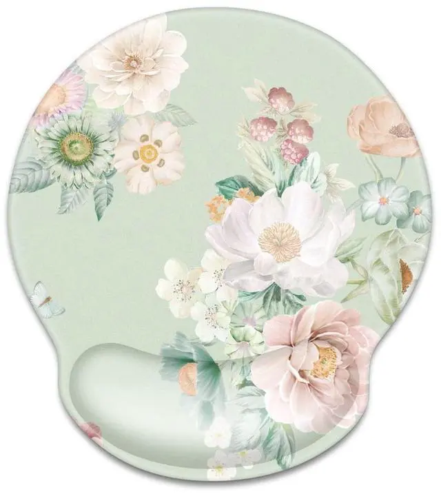 Main image of Floral Ergonomic Mouse Pad with Wrist Support, Cute Premium-Textured Mouse Mat for Wireless Mouse, Non-Slip Rubber Base, Comfortable Desk Accessories for Laptop, Office, Home, Game, Green