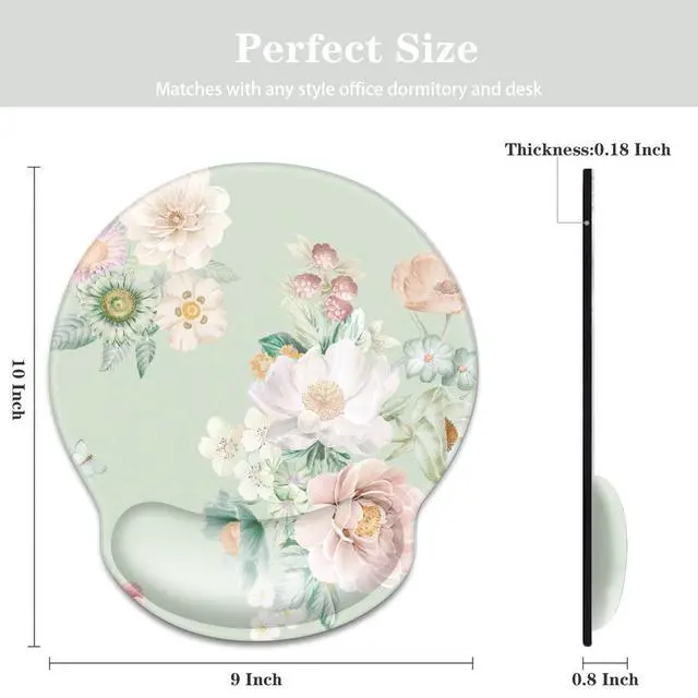Alt view image 2 of 6 - Floral Ergonomic Mouse Pad with Wrist Support, Cute Premium-Textured Mouse Mat for Wireless Mouse, Non-Slip Rubber Base, Comfortable Desk Accessories for Laptop, Office, Home, Game, Green