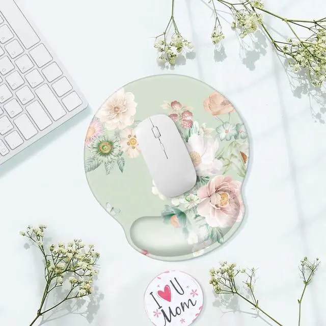 Alt view image 3 of 6 - Floral Ergonomic Mouse Pad with Wrist Support, Cute Premium-Textured Mouse Mat for Wireless Mouse, Non-Slip Rubber Base, Comfortable Desk Accessories for Laptop, Office, Home, Game, Green