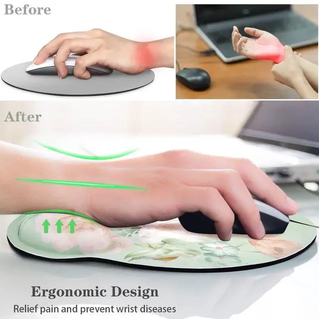 Alt view image 4 of 6 - Floral Ergonomic Mouse Pad with Wrist Support, Cute Premium-Textured Mouse Mat for Wireless Mouse, Non-Slip Rubber Base, Comfortable Desk Accessories for Laptop, Office, Home, Game, Green