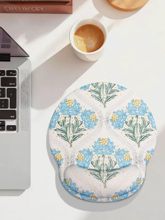 Alt view image 2 of 7 - Blue Noble Leaves & Floral Mouse Pad with Gel Wrist Support Mouse Pad,Ergonomic Aesthetic,Comfortable Mousepad for Office Game Work Computer,Pain Relief Mousepad with Non-Slip Silicone Base