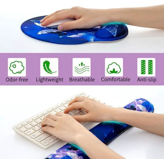 Alt view image 7 of 7 - Keyboard Wrist Rest and Mouse Pad with Wrist Support, Memory Foam Set for Gaming and Office, Comfortable & Lightweight for Easy Typing & Pain Relief (White Butterflies)