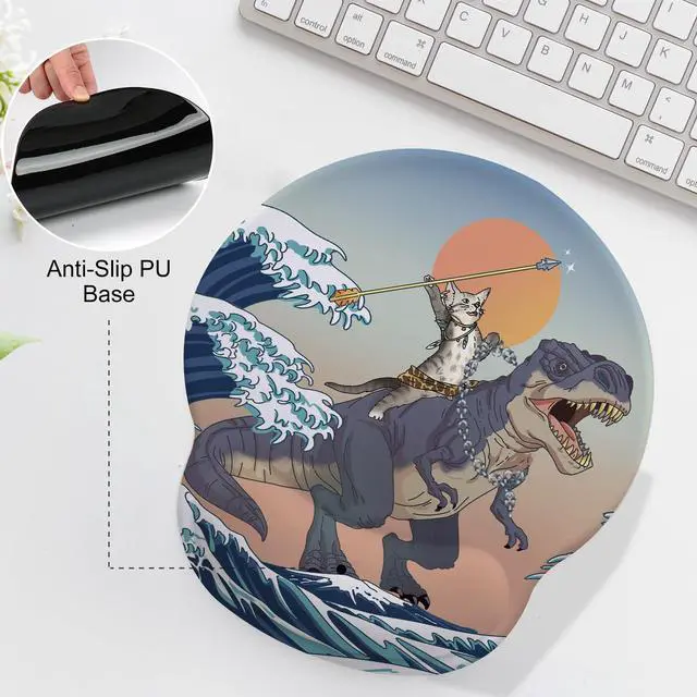 Alt view image 2 of 7 - Cat and Dinosaur Mouse Pad with Gel Wrist Support, Smooth Surface Ergonomic Mouse pad, Non-Slip Pain Relief Desk Mat for Gaming, Work & Office Desktop