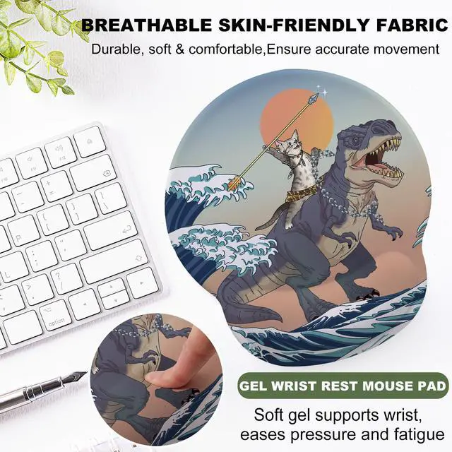 Alt view image 3 of 7 - Cat and Dinosaur Mouse Pad with Gel Wrist Support, Smooth Surface Ergonomic Mouse pad, Non-Slip Pain Relief Desk Mat for Gaming, Work & Office Desktop
