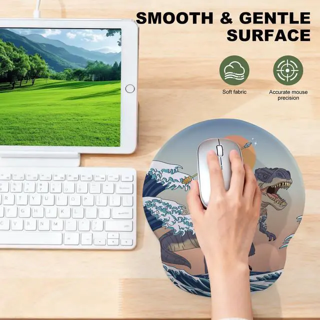 Alt view image 5 of 7 - Cat and Dinosaur Mouse Pad with Gel Wrist Support, Smooth Surface Ergonomic Mouse pad, Non-Slip Pain Relief Desk Mat for Gaming, Work & Office Desktop
