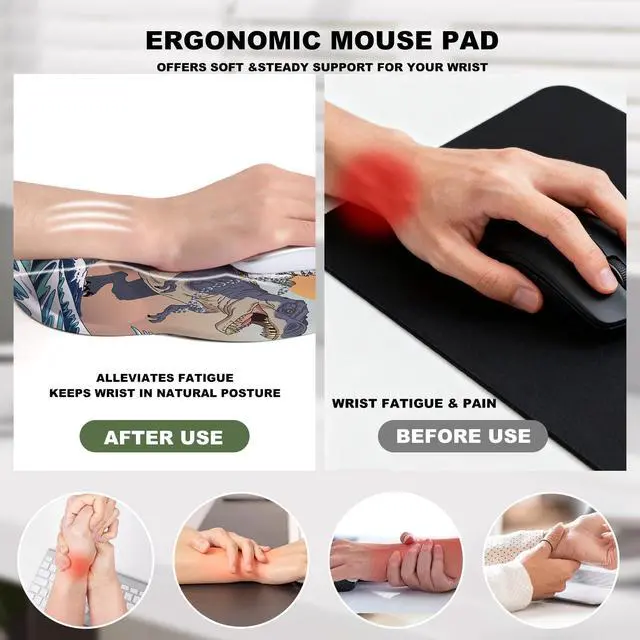 Alt view image 7 of 7 - Cat and Dinosaur Mouse Pad with Gel Wrist Support, Smooth Surface Ergonomic Mouse pad, Non-Slip Pain Relief Desk Mat for Gaming, Work & Office Desktop