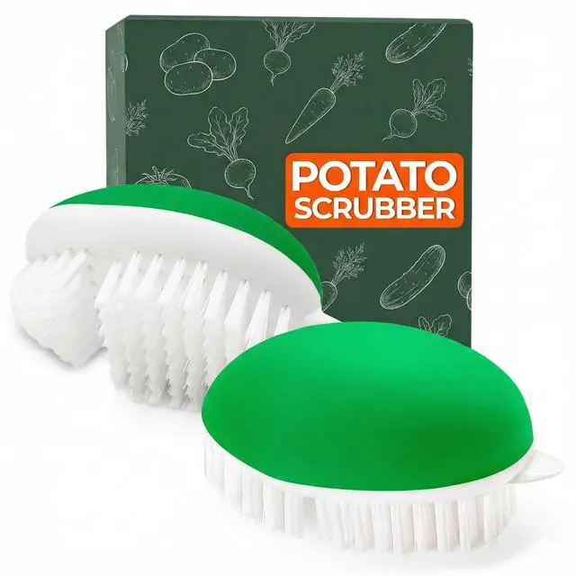 Main image of 2 Pcs Vegetable Brush Scrubber - 2.3 x 3.9 Potato Brush Scrubber for Food with Ergonomic Design, Crack-Resistant Frame, Soft & Stiff Bristles for Effective Cleaning - Versatile for Mushrooms, Apples