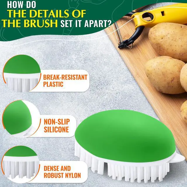 Alt view image 3 of 7 - 2 Pcs Vegetable Brush Scrubber - 2.3 x 3.9 Potato Brush Scrubber for Food with Ergonomic Design, Crack-Resistant Frame, Soft & Stiff Bristles for Effective Cleaning - Versatile for Mushrooms, Apples
