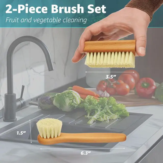 Alt view image 2 of 7 - Vegetable Brush Set of 2 - Fruit and Vegetable Brush Scrubber for Food, Potato Scrubber, Mushroom Brush with Comfortable Wooden Handle, Veggie Brush for Carrots, Natural Produce Cleaning Brush