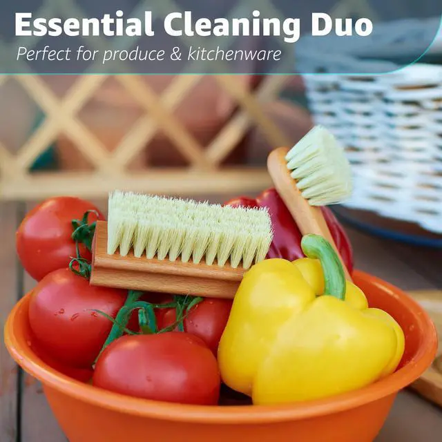 Alt view image 3 of 7 - Vegetable Brush Set of 2 - Fruit and Vegetable Brush Scrubber for Food, Potato Scrubber, Mushroom Brush with Comfortable Wooden Handle, Veggie Brush for Carrots, Natural Produce Cleaning Brush