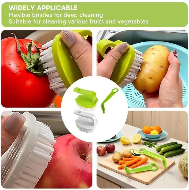 Alt view image 7 of 7 - 3 Pack Potato Brush Set, 2 Vegetable Scrubber Brush & 1 Spiral Cutter, Handheld Cleaning Brush for Veggie Fruit, Manual Slicer for Kitchen Cooking