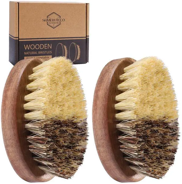 Main image of Fruit & Vegetable Cleaning Brushes with Acacia Wood Handle Natural Half Sisal Bristle Half Palm Fibers Bristles Design,Oval Shape Easy Hold,Pack of 2,Brown