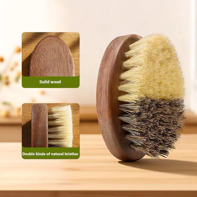 Alt view image 3 of 7 - Fruit & Vegetable Cleaning Brushes with Acacia Wood Handle Natural Half Sisal Bristle Half Palm Fibers Bristles Design,Oval Shape Easy Hold,Pack of 2,Brown