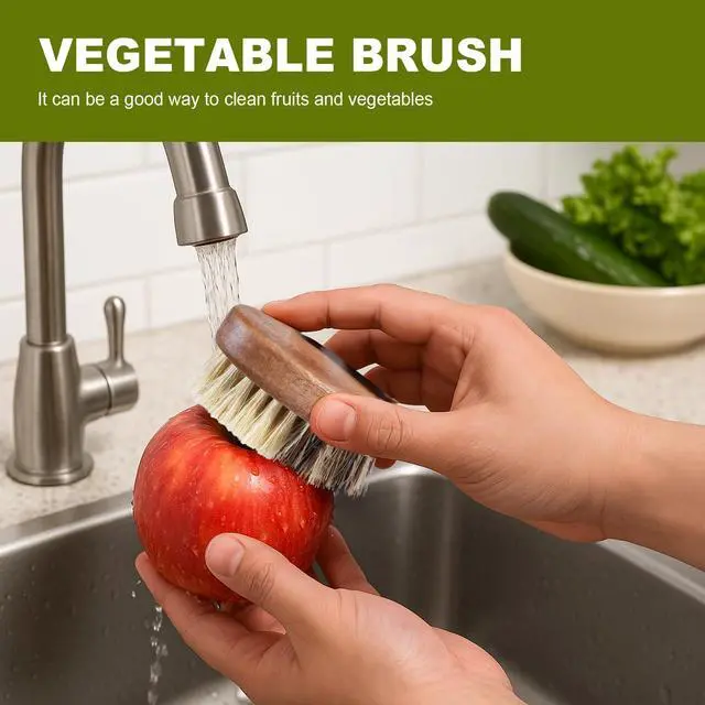 Alt view image 4 of 7 - Fruit & Vegetable Cleaning Brushes with Acacia Wood Handle Natural Half Sisal Bristle Half Palm Fibers Bristles Design,Oval Shape Easy Hold,Pack of 2,Brown