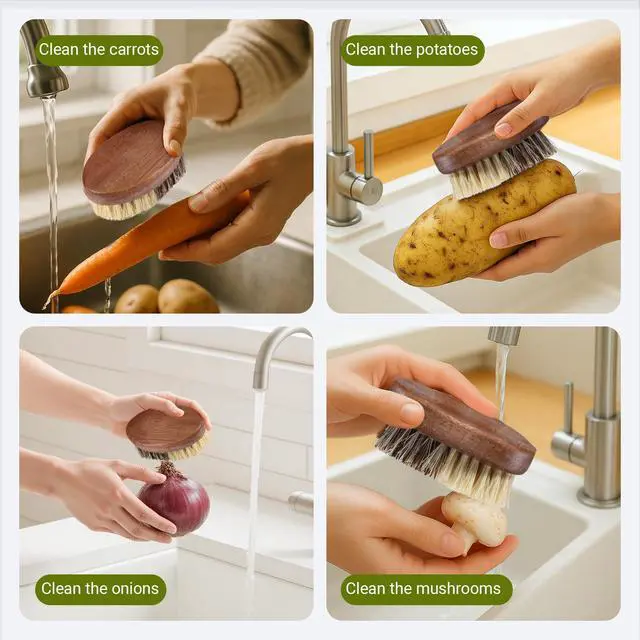 Alt view image 6 of 7 - Fruit & Vegetable Cleaning Brushes with Acacia Wood Handle Natural Half Sisal Bristle Half Palm Fibers Bristles Design,Oval Shape Easy Hold,Pack of 2,Brown