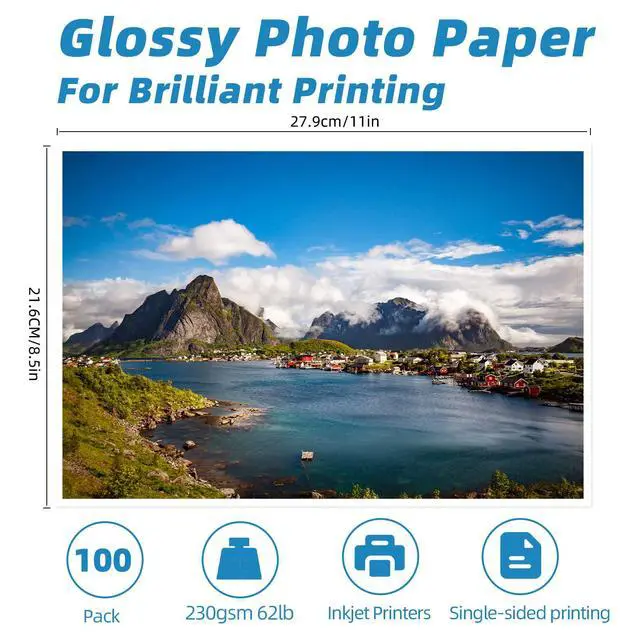 Alt view image 2 of 7 - 100 Sheets Thick Inkjet Glossy Photo Paper Picture 8.5x11 62lb 230g 11.1mil Cardstock Postcard Brochure For Dye Ink Inkjet Printer