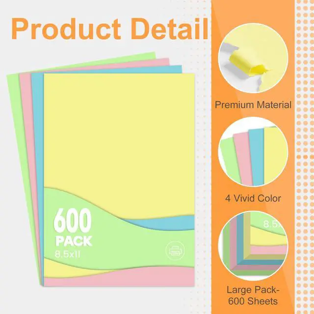 Alt view image 3 of 7 - Colored Copy Paper 8.5x11 Inches, 600-Sheets Letter Size Pastel Colored Paper Assorted Colors Printer Paper for Printing, Arts & Crafts, School Projects and Office Use