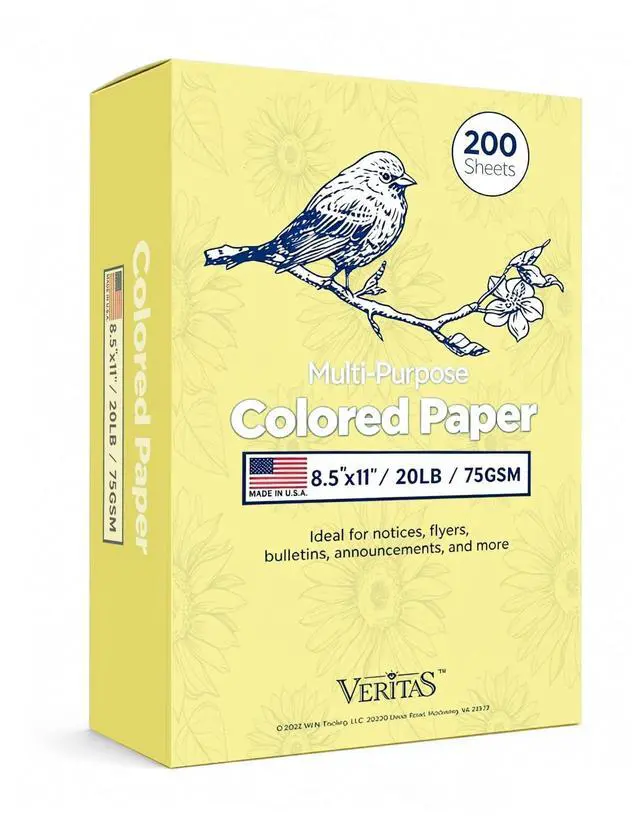 Main image of Yellow Paper, Multi-Purpose Canary Colored Paper, Colored Printer Paper 8.5 x 11, 20 lb/75 GSM,200 Sheets, Jam-Free For Inkjet/laser printer, Copy, Office Home, Made in USA