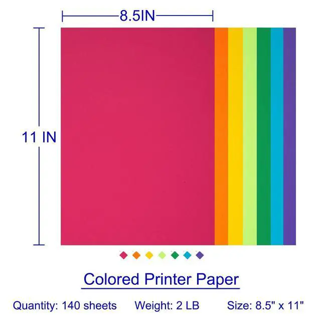Alt view image 4 of 6 - Colored Copy Paper 8.5X11 Inches,140 Sheets 24 lb/90GSM 7 Colors Rainbow Letter Size Printer Multipurpose Paper for Office School Education Daily Printing,Document Copying,Study