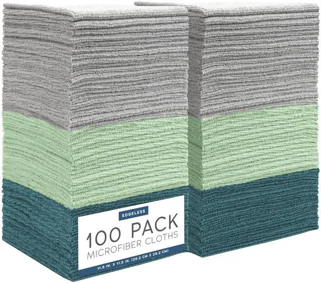 Main image of 100 Pack Microfiber Cleaning Cloth, Edgeless Bulk Towels for Home, Reusable Microfiber Towels for Cars, Cleaning Rags, Assorted Green and Grey, 11.5 Inches x 11.5 Inches, 100 Count