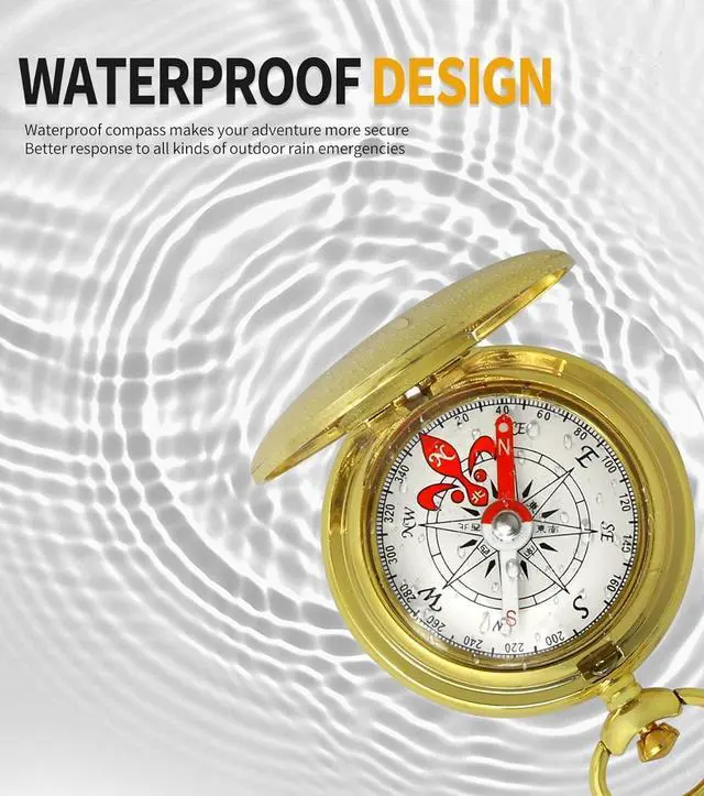 Alt view image 2 of 6 - Brass Waterproof Golden Keychain Compass - Vintage Antique Design for Kids, Boy Scouts & Hiking - Survival Orienteering & Navigation Gear