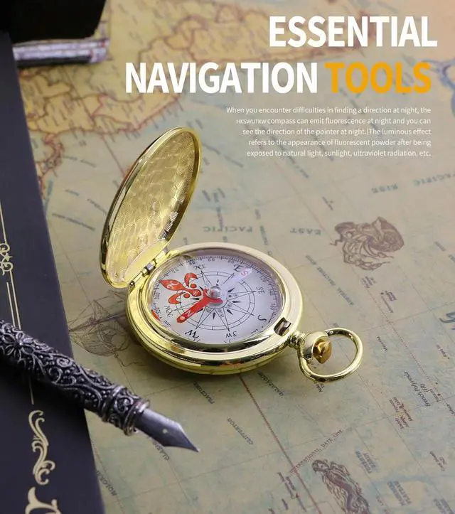 Alt view image 3 of 6 - Brass Waterproof Golden Keychain Compass - Vintage Antique Design for Kids, Boy Scouts & Hiking - Survival Orienteering & Navigation Gear