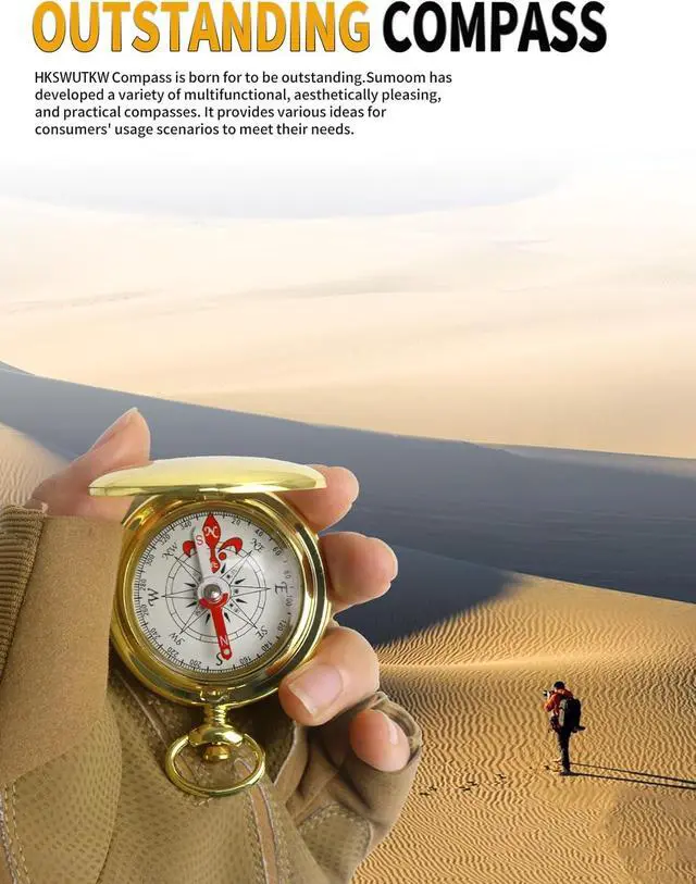 Alt view image 5 of 6 - Brass Waterproof Golden Keychain Compass - Vintage Antique Design for Kids, Boy Scouts & Hiking - Survival Orienteering & Navigation Gear