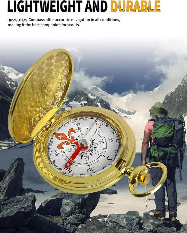 Alt view image 6 of 6 - Brass Waterproof Golden Keychain Compass - Vintage Antique Design for Kids, Boy Scouts & Hiking - Survival Orienteering & Navigation Gear