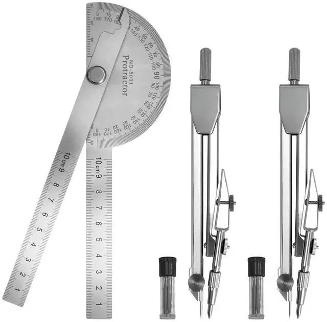 Main image of Protractor and Compass Set - 10cm (3.94 Inch) Stainless Steel Angle Finder with 2 Metal Compasses, 180° Adjustable Two Arm Ruler for Geometry, Woodworking, Engineering & School Supplies