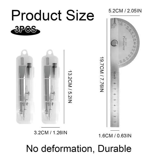 Alt view image 2 of 6 - Protractor and Compass Set - 10cm (3.94 Inch) Stainless Steel Angle Finder with 2 Metal Compasses, 180° Adjustable Two Arm Ruler for Geometry, Woodworking, Engineering & School Supplies