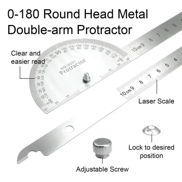 Alt view image 3 of 6 - Protractor and Compass Set - 10cm (3.94 Inch) Stainless Steel Angle Finder with 2 Metal Compasses, 180° Adjustable Two Arm Ruler for Geometry, Woodworking, Engineering & School Supplies