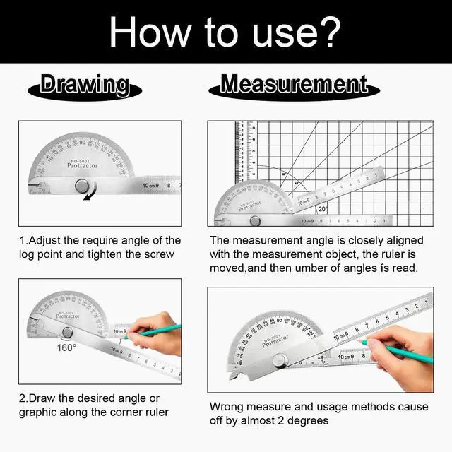 Alt view image 4 of 6 - Protractor and Compass Set - 10cm (3.94 Inch) Stainless Steel Angle Finder with 2 Metal Compasses, 180° Adjustable Two Arm Ruler for Geometry, Woodworking, Engineering & School Supplies
