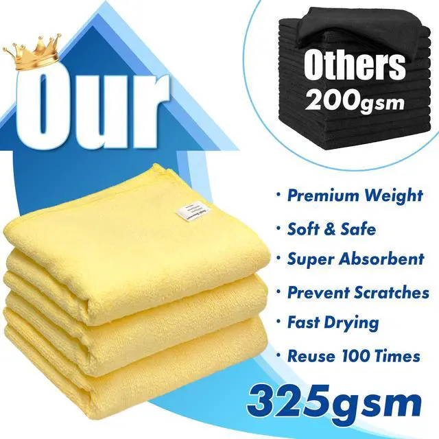 Alt view image 3 of 5 - 3-Pack Microfiber Cleaning Towels, Heavy-Duty & Reusable Cloths for Home, Kitchen, and Car, 16" x 24", 325 GSM