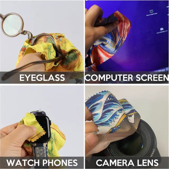 Alt view image 6 of 7 - Glasses Cleaning Cloth, Family Pack Microfiber Eye Glass Clean Cloths Cleaner Keychain for Eyeglasses, Eyeglasses Wipes Screens, Camera Lenses-World Classic Art Design Double Sided Printing 8PCS