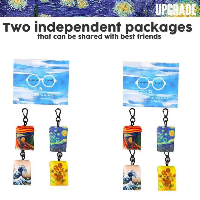 Alt view image 2 of 7 - Glasses Cleaning Cloth, Family Pack Microfiber Eye Glass Clean Cloths Cleaner Keychain for Eyeglasses, Eyeglasses Wipes Screens, Camera Lenses-World Classic Art Design Double Sided Printing 8PCS