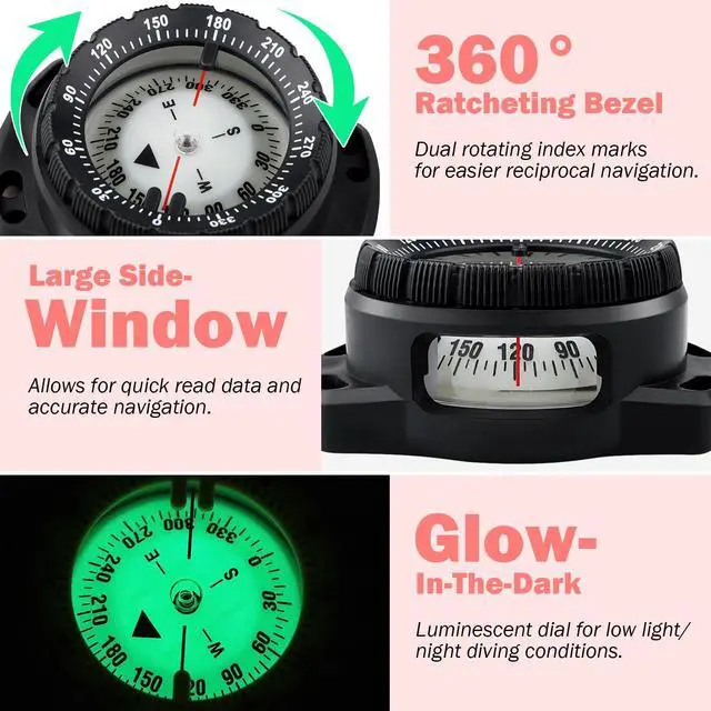 Alt view image 3 of 7 - Scuba Dive Compass, Waterproof 5ATM Marine Navigation Wrist Compass with Bungee Mount and Cord, Glow in The Dark for Underwater Diving, Sailing, Camping, Kayaking, Hiking (Black)