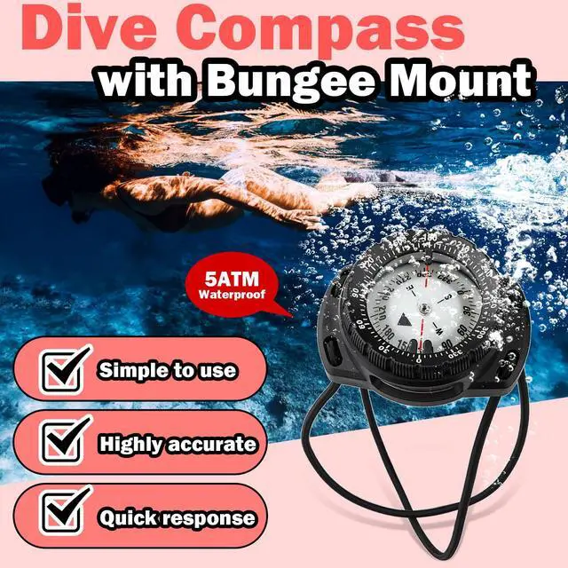 Alt view image 2 of 7 - Scuba Dive Compass, Waterproof 5ATM Marine Navigation Wrist Compass with Bungee Mount and Cord, Glow in The Dark for Underwater Diving, Sailing, Camping, Kayaking, Hiking (Black)
