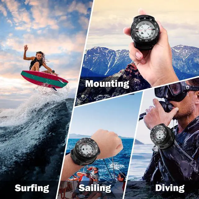 Alt view image 4 of 7 - Scuba Dive Compass, Waterproof 5ATM Marine Navigation Wrist Compass with Bungee Mount and Cord, Glow in The Dark for Underwater Diving, Sailing, Camping, Kayaking, Hiking (Black)
