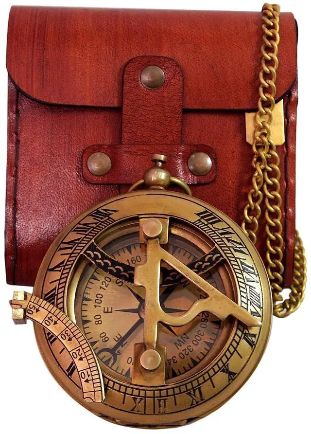 Main image of Brass Sundial Compass with Leather Case - 3 Inch Vintage Nautical Navigation Tool for Hiking, Camping, Outdoor Adventures - Unique Gift for Men, Explorers & Collectors