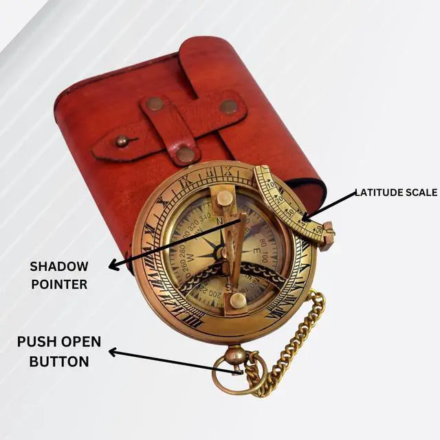 Alt view image 2 of 7 - Brass Sundial Compass with Leather Case - 3 Inch Vintage Nautical Navigation Tool for Hiking, Camping, Outdoor Adventures - Unique Gift for Men, Explorers & Collectors