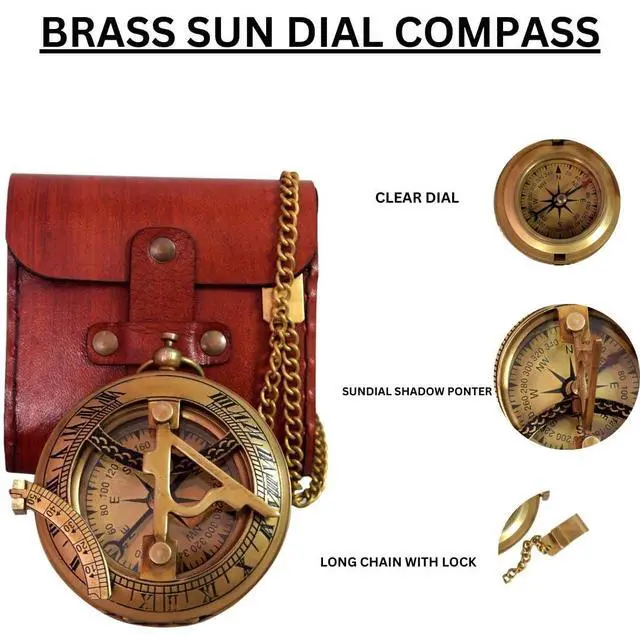 Alt view image 3 of 7 - Brass Sundial Compass with Leather Case - 3 Inch Vintage Nautical Navigation Tool for Hiking, Camping, Outdoor Adventures - Unique Gift for Men, Explorers & Collectors