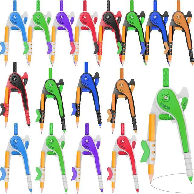 Main image of 16 PCS Math Compass Geometry Math Set 6 Inch Plastic Drawing Compass with Pencils Multicolor for Math Student Classroom School Office Woodworking Art Drawing Studying
