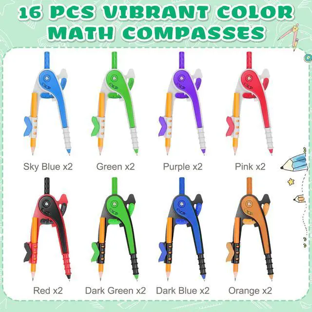 Alt view image 5 of 6 - 16 PCS Math Compass Geometry Math Set 6 Inch Plastic Drawing Compass with Pencils Multicolor for Math Student Classroom School Office Woodworking Art Drawing Studying