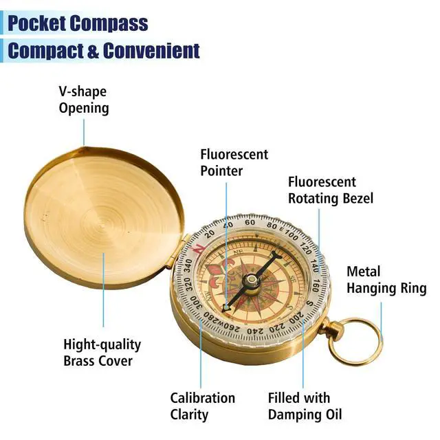 Alt view image 4 of 7 - One Pack Camping Survival Compass, Metal Brass Pocket Compass with Keychain, Glow in The Dark Survival Gear for Hiking Camping Hunting Navigation