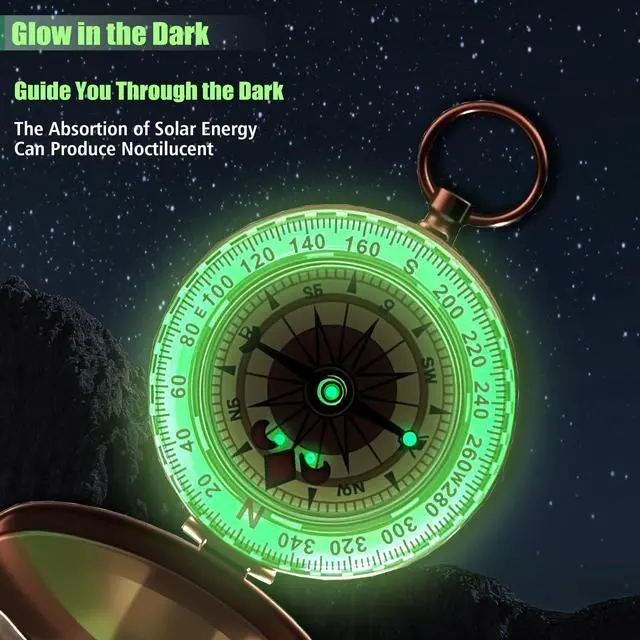 Alt view image 5 of 7 - One Pack Camping Survival Compass, Metal Brass Pocket Compass with Keychain, Glow in The Dark Survival Gear for Hiking Camping Hunting Navigation