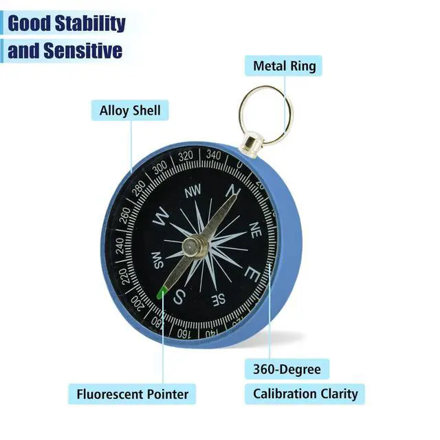 Alt view image 4 of 7 - Pocket Compass, 2 Pieces Mini Compass with Key Ring, Suitable for Hiking Survival, Mountaineering Camping, Outdoor Adventure Party Navigation Tools Blue Color