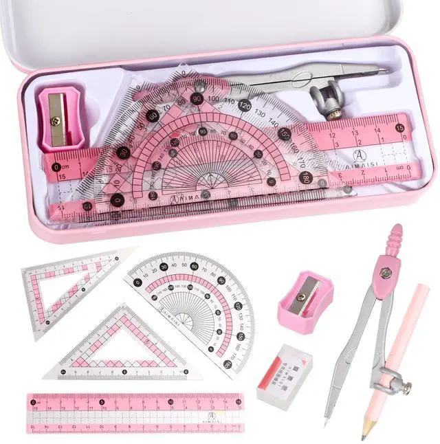 Main image of Compass Geometry Tool Protractor and Compass Set with Metal Box Drawing Compass with Rulers Math Compass Kit for Class Supplies and School 8 Piece