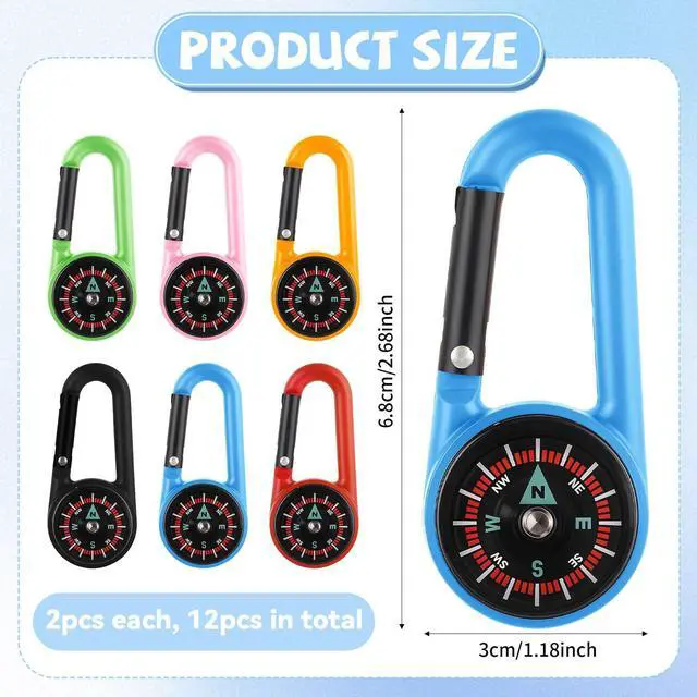 Alt view image 2 of 7 - 12 Pcs Compass Keychain for Kids, Colorful Mini Carabiner Clip Pocket Compass for Summer Camp, Backpacking, Birthday Party Favors and Classroom Prizes
